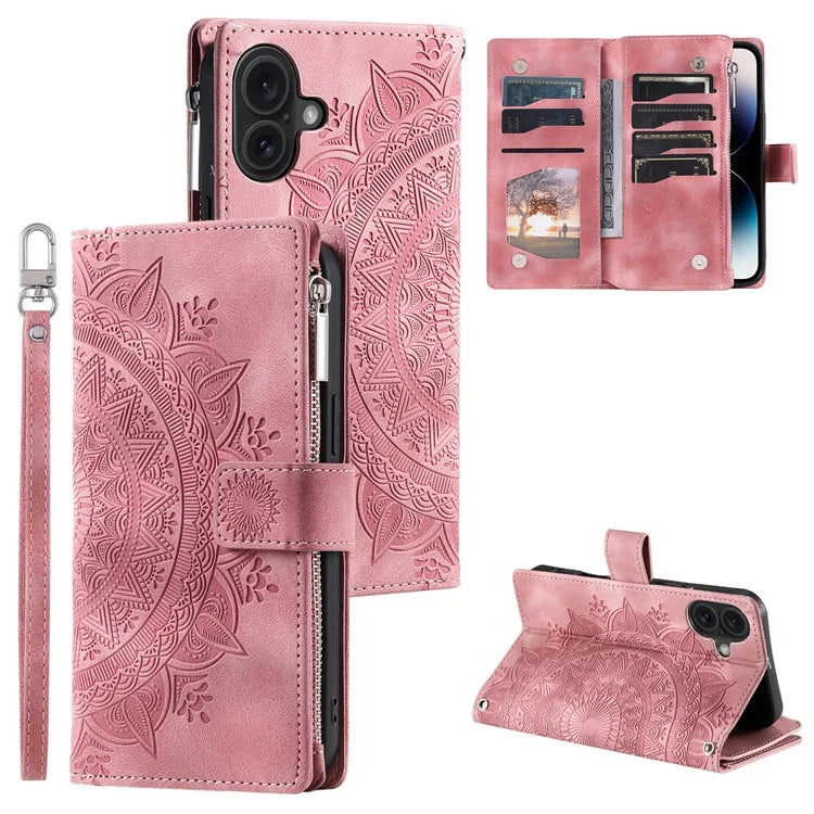 Style 006 For iPhone 16 Case PU Leather Wallet Phone Cover Mandala Flower Pattern