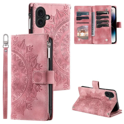Style 006 For iPhone 16 Case PU Leather Wallet Phone Cover Mandala Flower Pattern