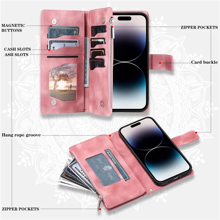 Style 006 For iPhone 16 Case PU Leather Wallet Phone Cover Mandala Flower Pattern