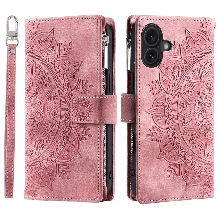 Style 006 For iPhone 16 Case PU Leather Wallet Phone Cover Mandala Flower Pattern