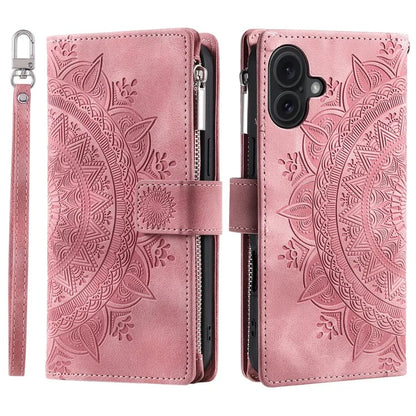 Style 006 For iPhone 16 Case PU Leather Wallet Phone Cover Mandala Flower Pattern