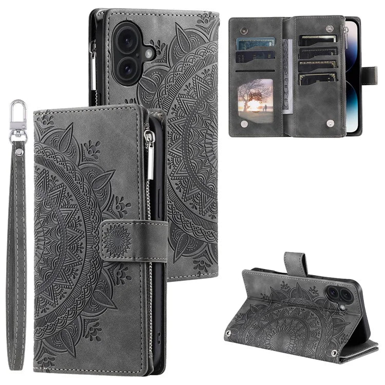 Style 006 For iPhone 16 Case PU Leather Wallet Phone Cover Mandala Flower Pattern