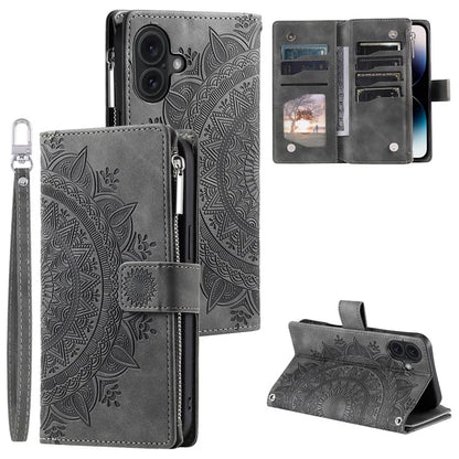 Style 006 For iPhone 16 Case PU Leather Wallet Phone Cover Mandala Flower Pattern