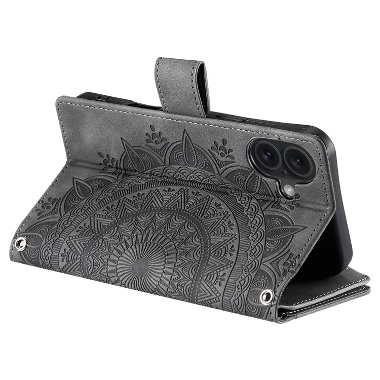 Style 006 For iPhone 16 Case PU Leather Wallet Phone Cover Mandala Flower Pattern