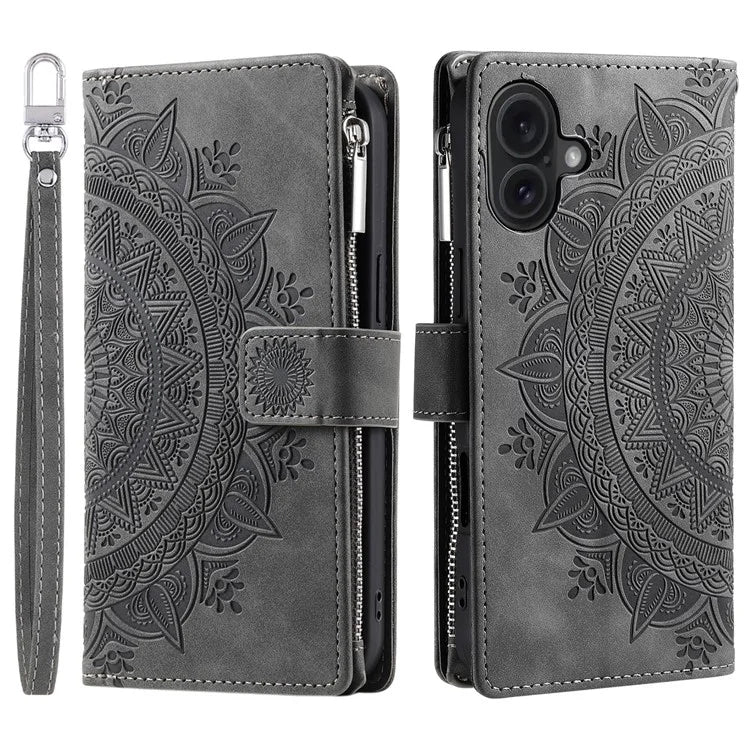 Style 006 For iPhone 16 Case PU Leather Wallet Phone Cover Mandala Flower Pattern