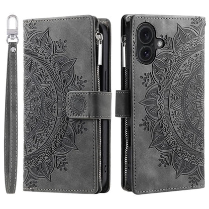Style 006 For iPhone 16 Case PU Leather Wallet Phone Cover Mandala Flower Pattern