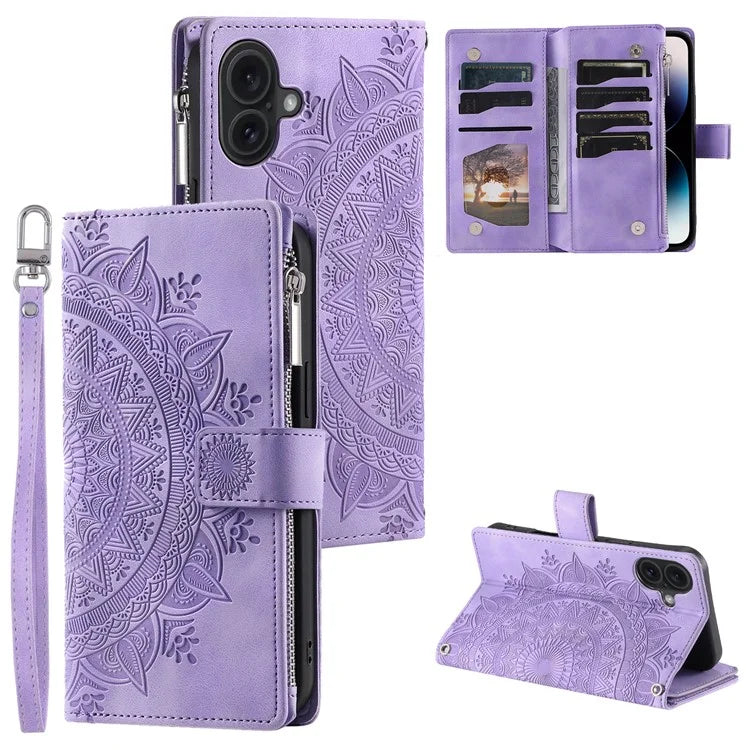 Style 006 For iPhone 16 Case PU Leather Wallet Phone Cover Mandala Flower Pattern