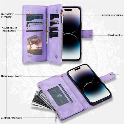 Style 006 For iPhone 16 Case PU Leather Wallet Phone Cover Mandala Flower Pattern