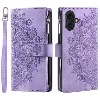 Style 006 For iPhone 16 Case PU Leather Wallet Phone Cover Mandala Flower Pattern
