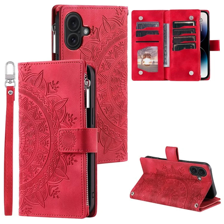 Style 006 For iPhone 16 Case PU Leather Wallet Phone Cover Mandala Flower Pattern