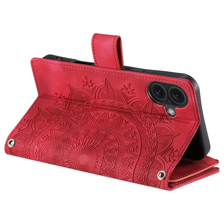 Style 006 For iPhone 16 Case PU Leather Wallet Phone Cover Mandala Flower Pattern
