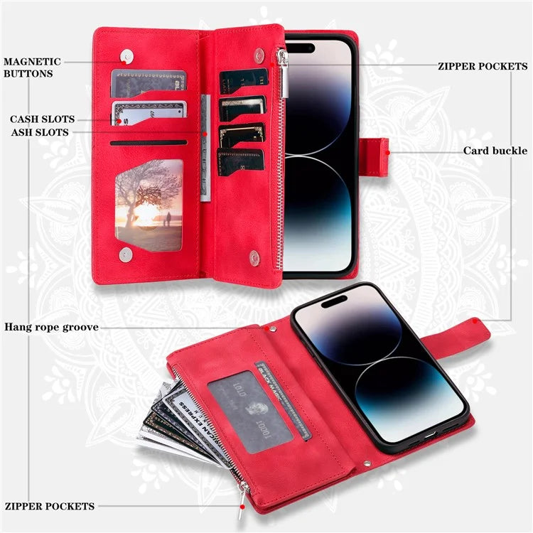 Style 006 For iPhone 16 Case PU Leather Wallet Phone Cover Mandala Flower Pattern