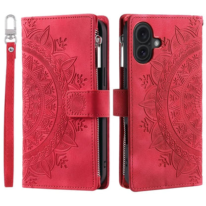 Style 006 For iPhone 16 Case PU Leather Wallet Phone Cover Mandala Flower Pattern