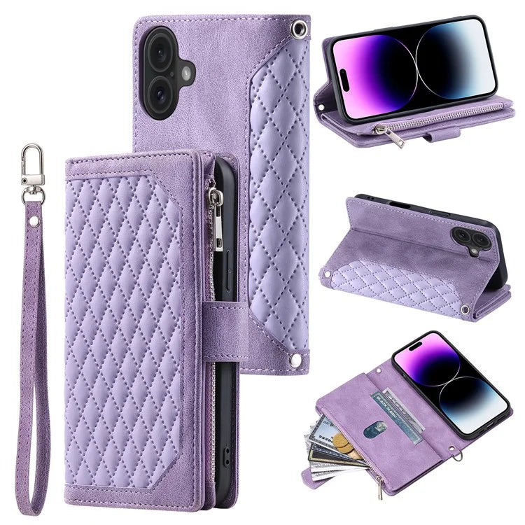 Style 005 For iPhone 16 Case PU Leather Wallet Phone Cover Rhombus Stitching Line