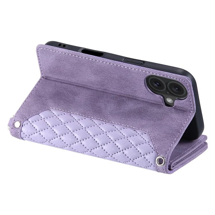 Style 005 For iPhone 16 Case PU Leather Wallet Phone Cover Rhombus Stitching Line