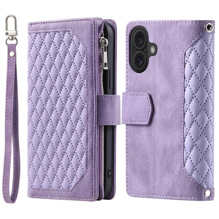 Style 005 For iPhone 16 Case PU Leather Wallet Phone Cover Rhombus Stitching Line