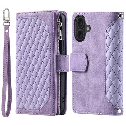 Style 005 For iPhone 16 Case PU Leather Wallet Phone Cover Rhombus Stitching Line