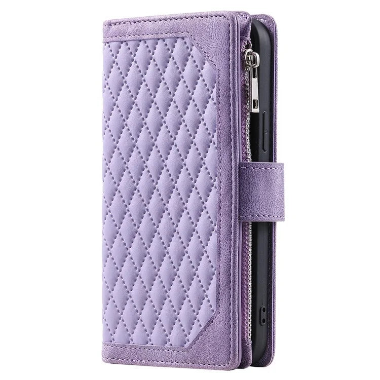 Style 005 For iPhone 16 Case PU Leather Wallet Phone Cover Rhombus Stitching Line