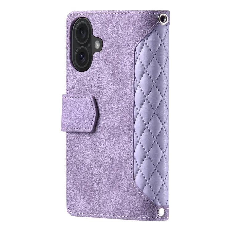 Style 005 For iPhone 16 Case PU Leather Wallet Phone Cover Rhombus Stitching Line
