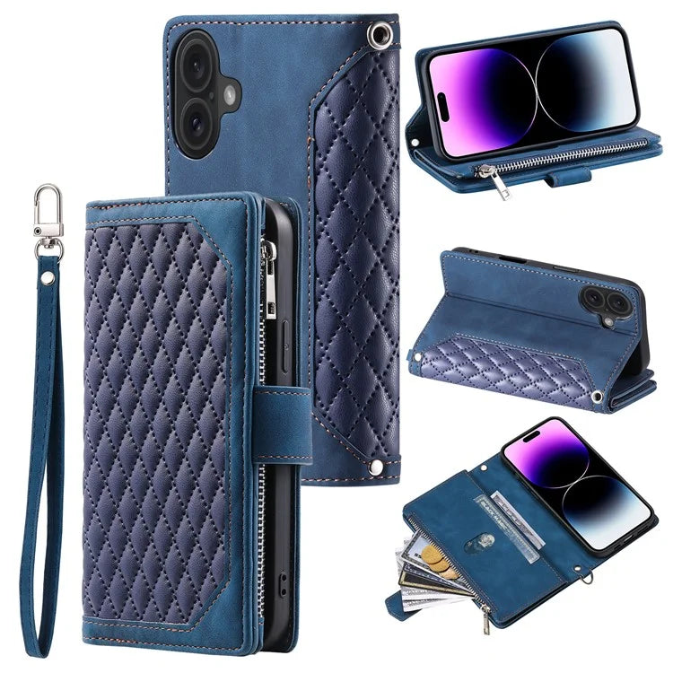 Style 005 For iPhone 16 Case PU Leather Wallet Phone Cover Rhombus Stitching Line