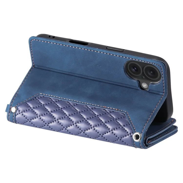 Style 005 For iPhone 16 Case PU Leather Wallet Phone Cover Rhombus Stitching Line