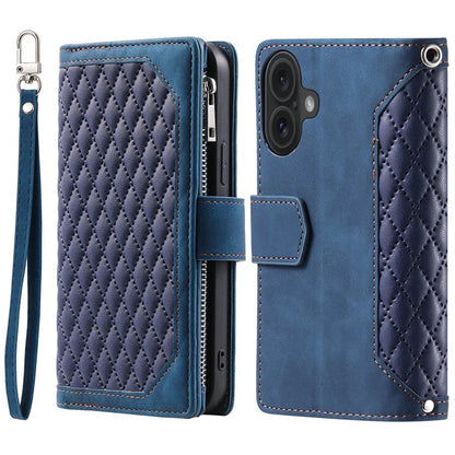 Style 005 For iPhone 16 Case PU Leather Wallet Phone Cover Rhombus Stitching Line