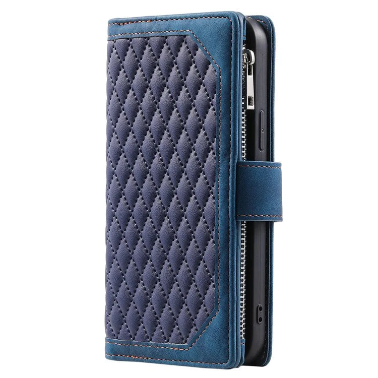 Style 005 For iPhone 16 Case PU Leather Wallet Phone Cover Rhombus Stitching Line
