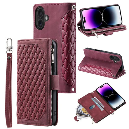 Style 005 For iPhone 16 Case PU Leather Wallet Phone Cover Rhombus Stitching Line
