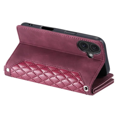 Style 005 For iPhone 16 Case PU Leather Wallet Phone Cover Rhombus Stitching Line