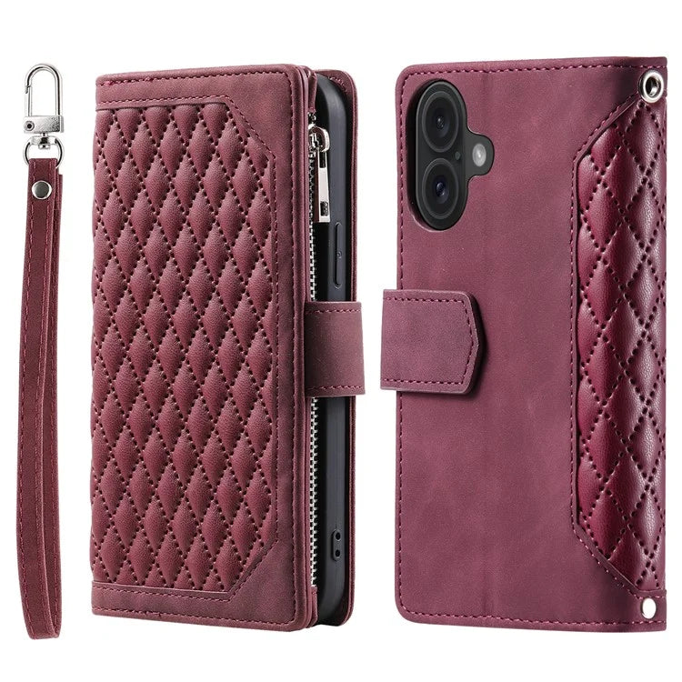 Style 005 For iPhone 16 Case PU Leather Wallet Phone Cover Rhombus Stitching Line