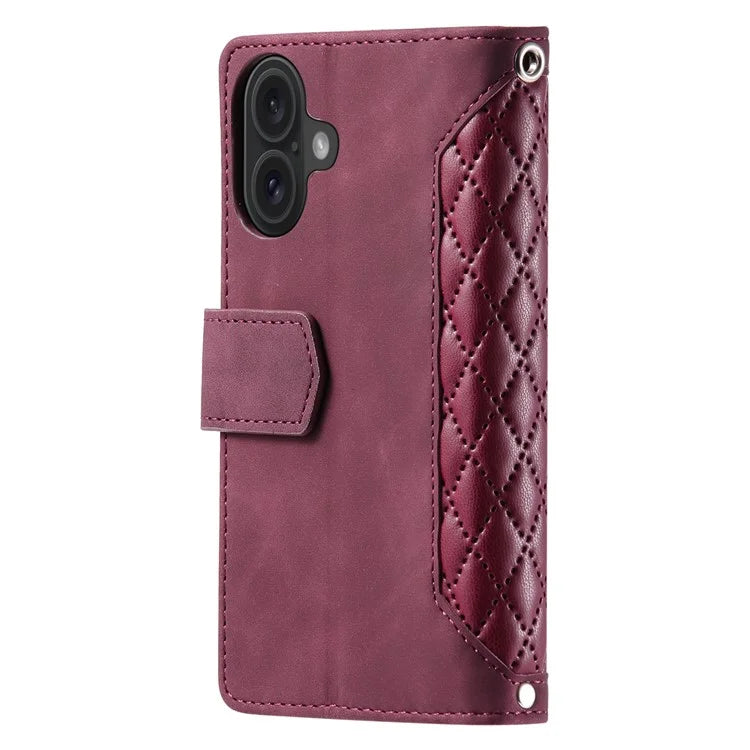 Style 005 For iPhone 16 Case PU Leather Wallet Phone Cover Rhombus Stitching Line