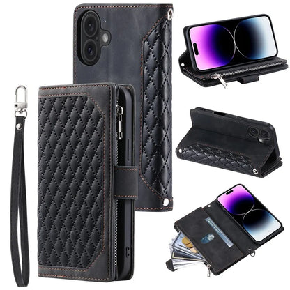 Style 005 For iPhone 16 Case PU Leather Wallet Phone Cover Rhombus Stitching Line