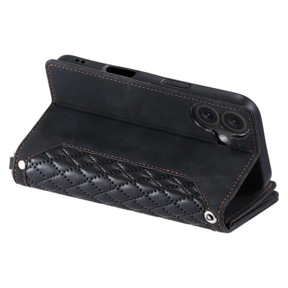 Style 005 For iPhone 16 Case PU Leather Wallet Phone Cover Rhombus Stitching Line