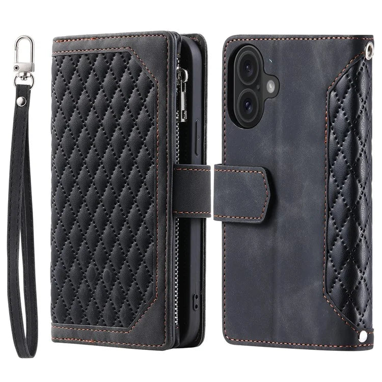Style 005 For iPhone 16 Case PU Leather Wallet Phone Cover Rhombus Stitching Line