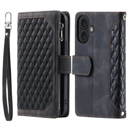 Style 005 For iPhone 16 Case PU Leather Wallet Phone Cover Rhombus Stitching Line