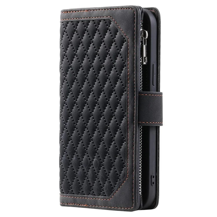 Style 005 For iPhone 16 Case PU Leather Wallet Phone Cover Rhombus Stitching Line