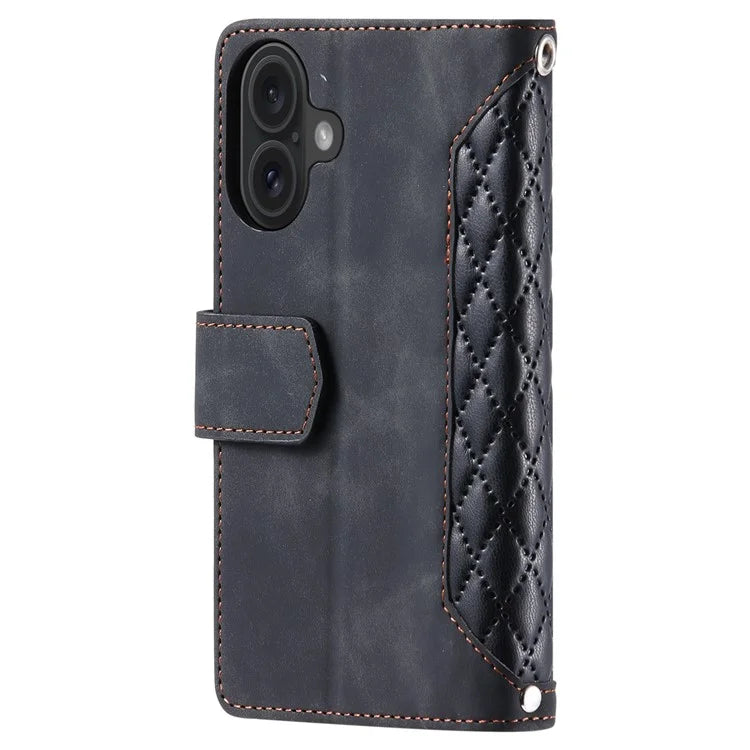 Style 005 For iPhone 16 Case PU Leather Wallet Phone Cover Rhombus Stitching Line