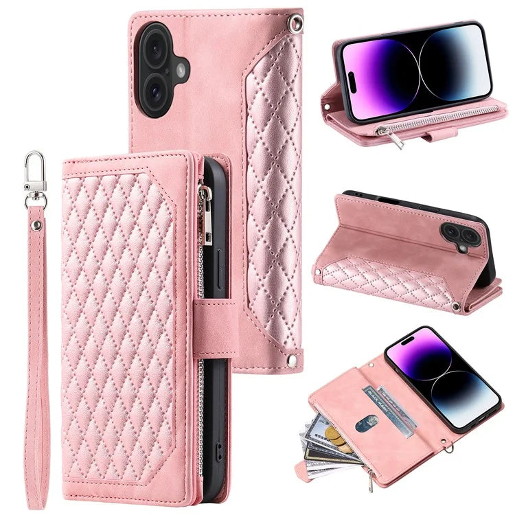 Style 005 For iPhone 16 Case PU Leather Wallet Phone Cover Rhombus Stitching Line