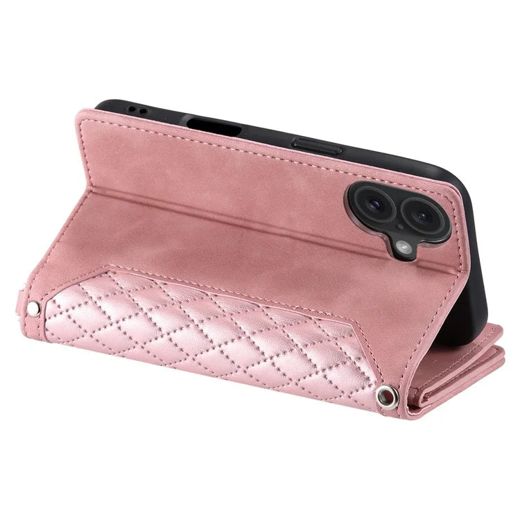 Style 005 For iPhone 16 Case PU Leather Wallet Phone Cover Rhombus Stitching Line