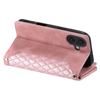 Style 005 For iPhone 16 Case PU Leather Wallet Phone Cover Rhombus Stitching Line