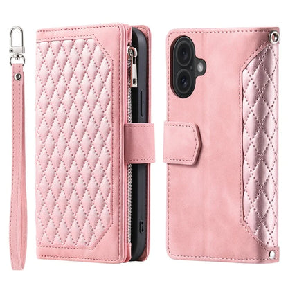 Style 005 For iPhone 16 Case PU Leather Wallet Phone Cover Rhombus Stitching Line