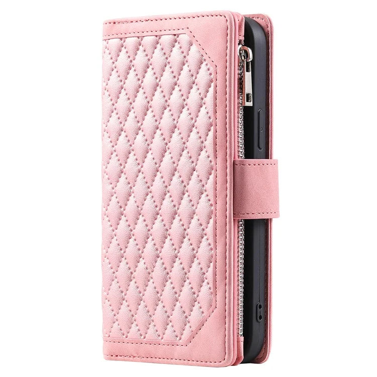 Style 005 For iPhone 16 Case PU Leather Wallet Phone Cover Rhombus Stitching Line