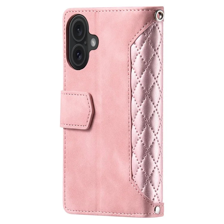 Style 005 For iPhone 16 Case PU Leather Wallet Phone Cover Rhombus Stitching Line