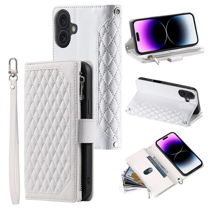 Style 005 For iPhone 16 Case PU Leather Wallet Phone Cover Rhombus Stitching Line