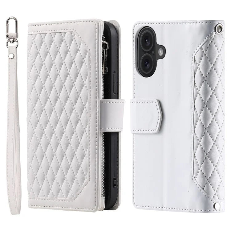 Style 005 For iPhone 16 Case PU Leather Wallet Phone Cover Rhombus Stitching Line
