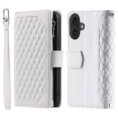 Style 005 For iPhone 16 Case PU Leather Wallet Phone Cover Rhombus Stitching Line