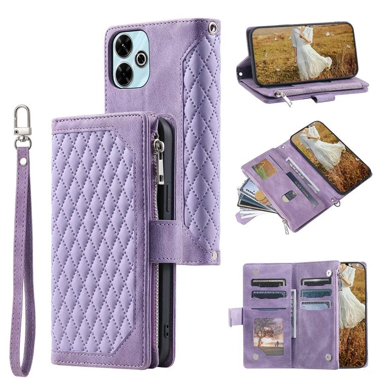 Style 005 For Xiaomi Redmi 13 5G / 4G Wallet Case Rhombus Stitching Line PU Leather Phone Cover