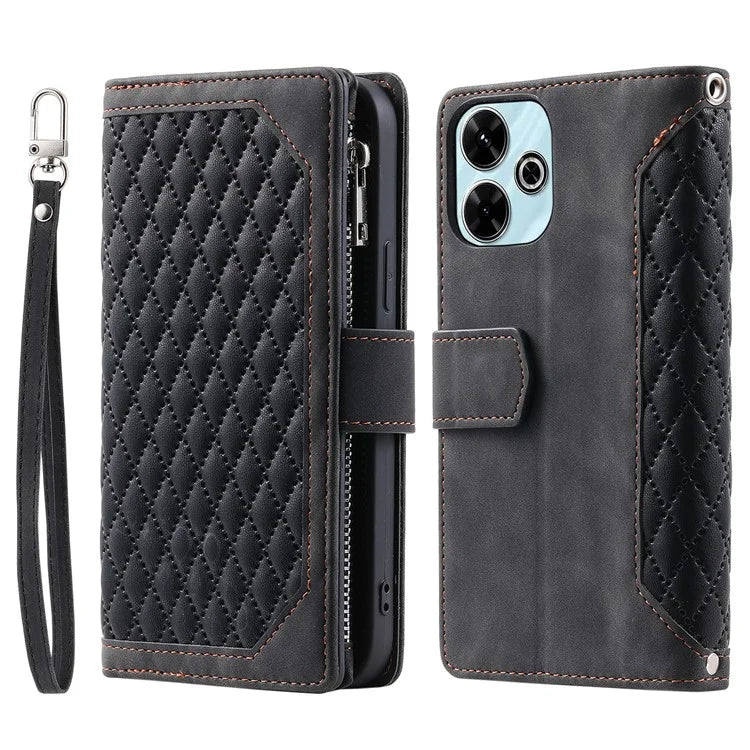 Style 005 For Xiaomi Redmi 13 5G / 4G Wallet Case Rhombus Stitching Line PU Leather Phone Cover