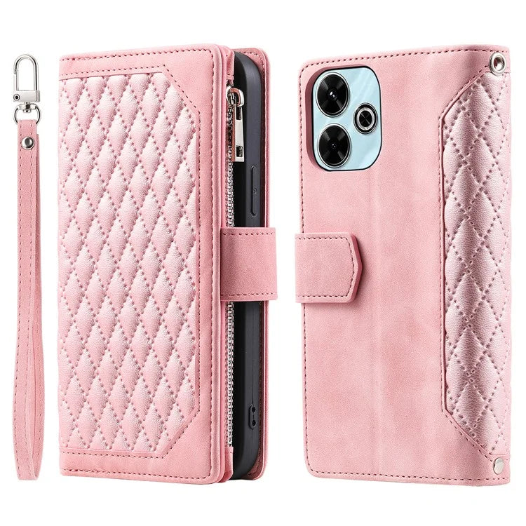 Style 005 For Xiaomi Redmi 13 5G / 4G Wallet Case Rhombus Stitching Line PU Leather Phone Cover