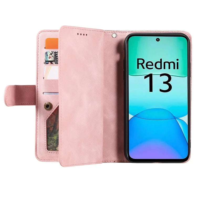 For Xiaomi Redmi 13 5G / 4G Case PU Leather Phone Cover with Zipper Wallet 9 Card Slots